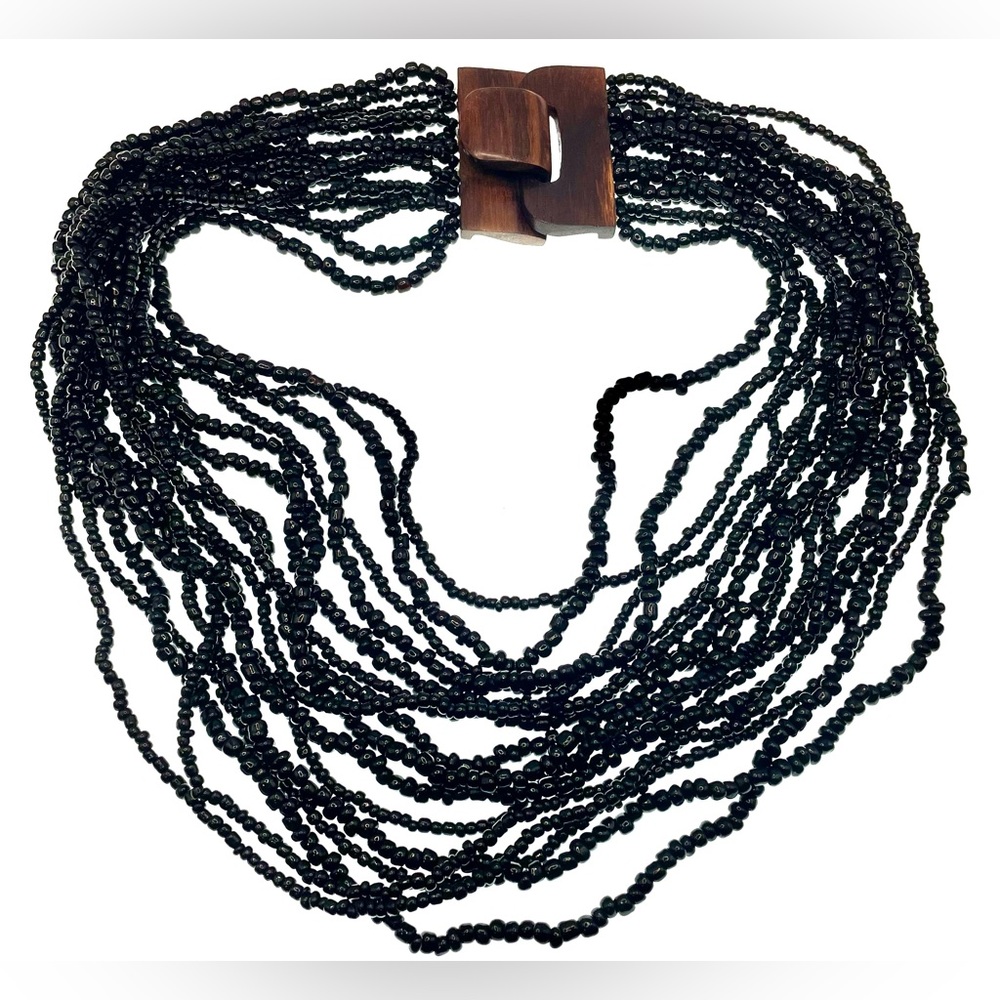 3 for $30 Artisan Multistrand Black Glass Beaded Necklace Carved Wooden Closure